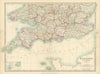 ENGLAND & WALES SOUTH Showing railways canals lightships JOHNSTON 1897 old map