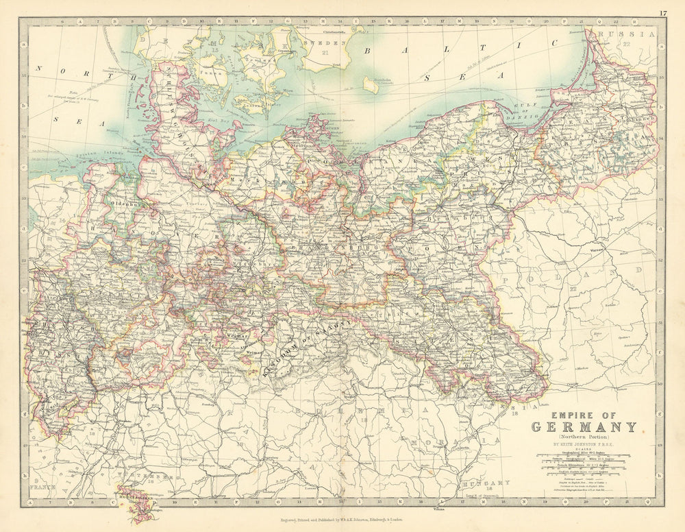 GERMAN EMPIRE NORTH Prussia Poland &c Railways Canals JOHNSTON 1897 old map