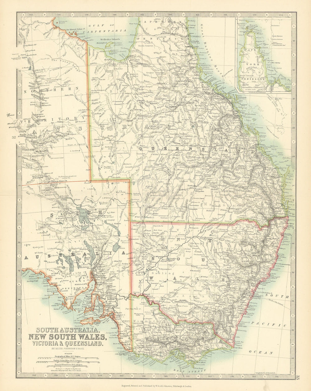 EASTERN AUSTRALIA New South Wales Victoria Queensland NT JOHNSTON 1897 old map