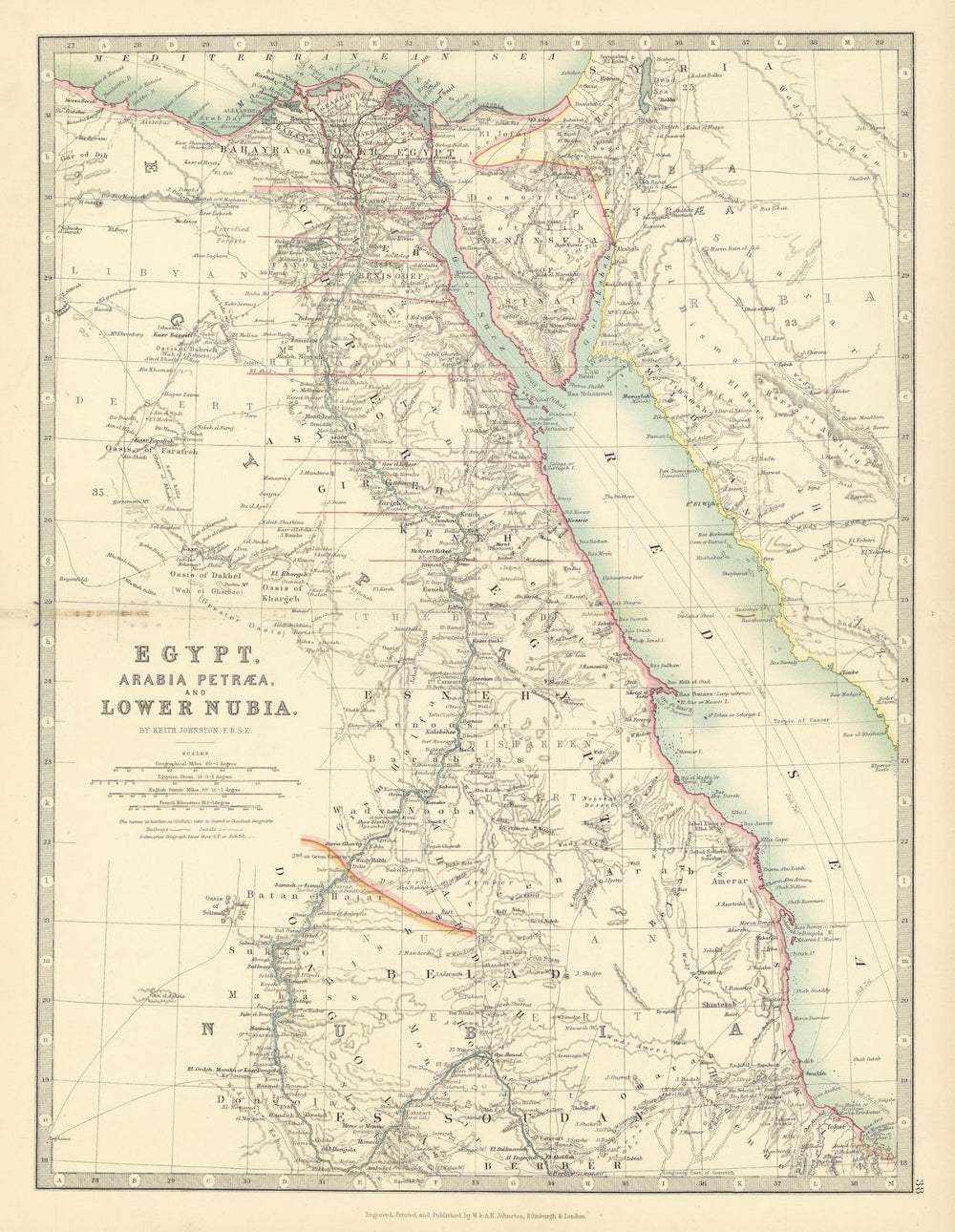 NILE VALLEY Egypt, Arabia Petraea and Lower Nubia Divisions JOHNSTON 1897 map