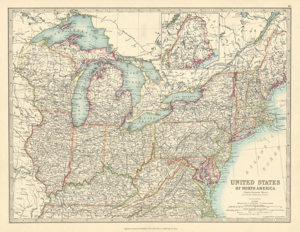 USA NORTH EAST New England Mid West Mid Atlantic JOHNSTON 1897 old antique map