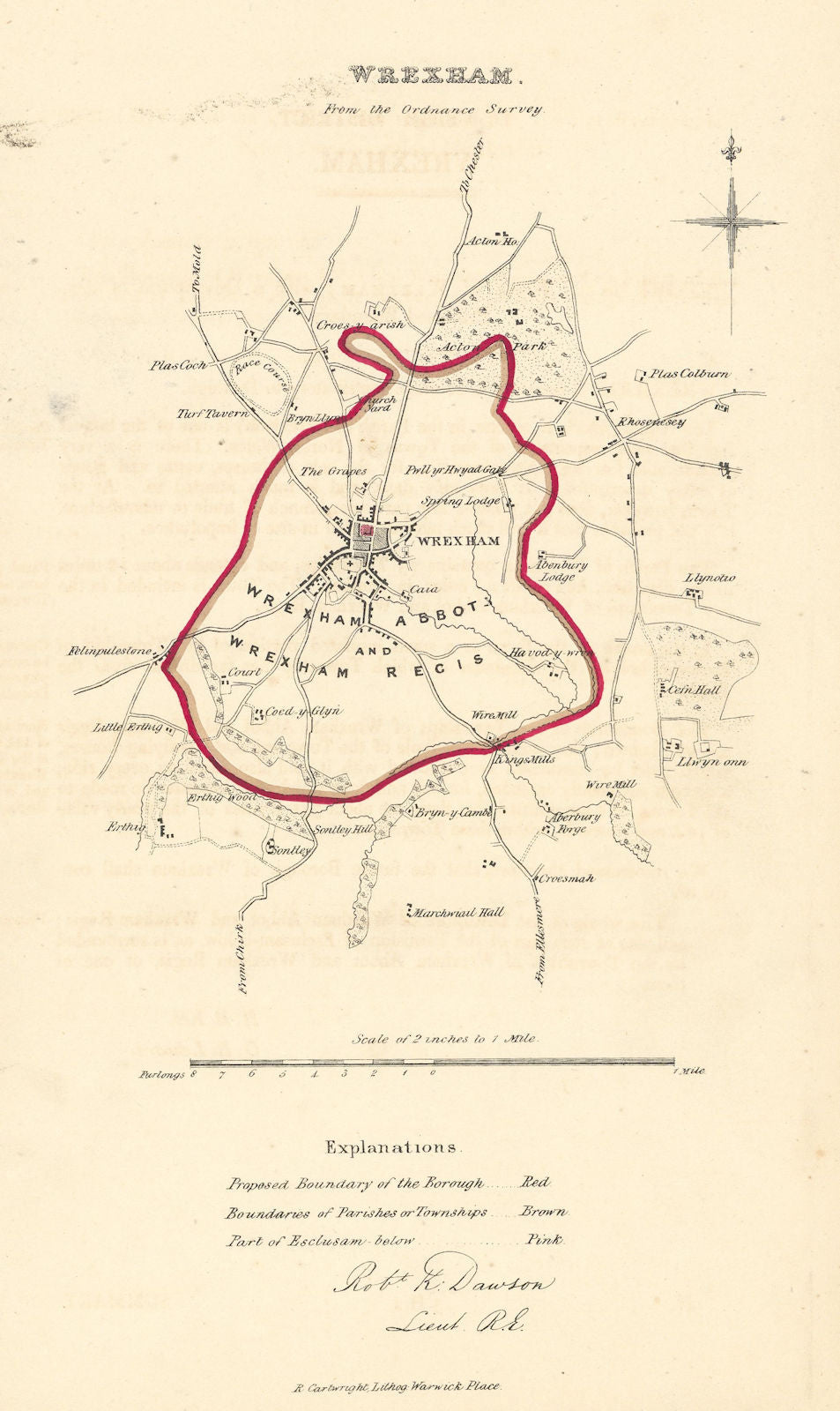 WREXHAM/WRECSAM borough/town plan. REFORM ACT. Rhosnesni. Wales. DAWSON 1832 map