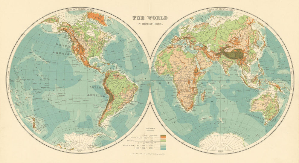 World in Hemispheres - Western & Eastern. STANFORD c1925 old vintage map chart