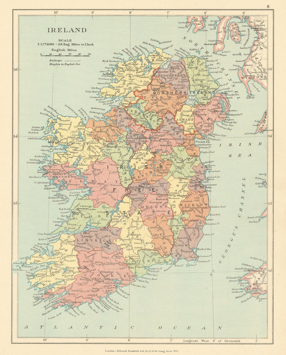 Ireland. Irish Free State & Northern Ireland in counties. STANFORD c1925 map