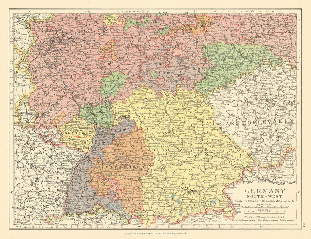 Germany South-West. Saar Basin Protectorate post-WW1. Bavaria STANFORD c1925 map