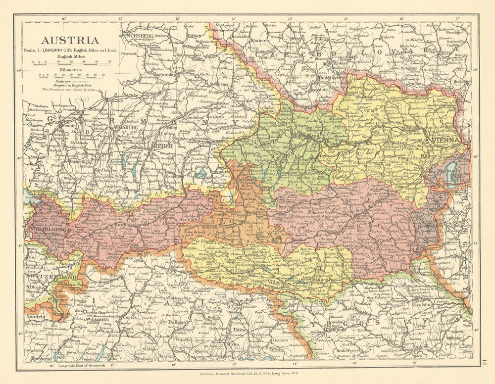 Austria in Länder/ states. STANFORD c1925 old vintage map plan chart