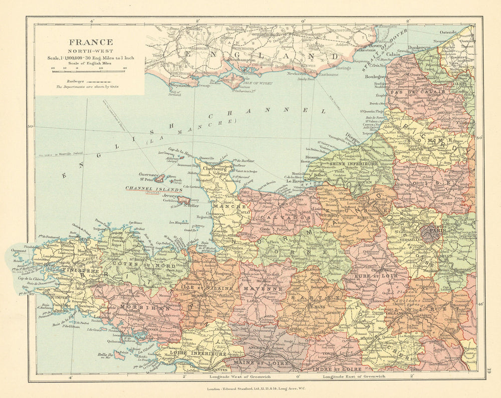 France North-West. Britanny Normandy Loire hauts de France. STANFORD c1925 map
