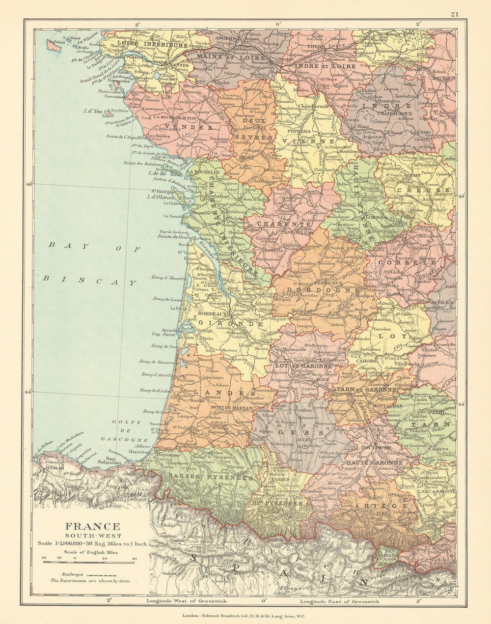 France South-West. Nouvelle Aquitaine Pyrenees. STANFORD c1925 old vintage map
