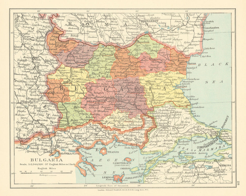 Bulgaria in Provinces. Thrace. European Turkey. STANFORD c1925 old vintage map