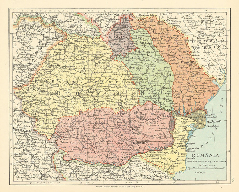 Romania including Bessarabia/Moldova. Wallachia Transylvania. STANFORD c1925 map