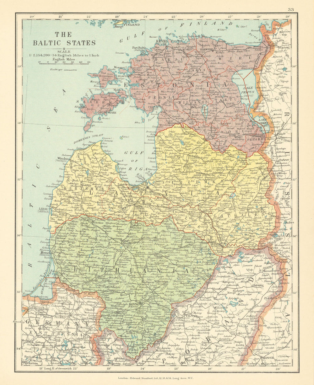 The Baltic States. Estonia Latvia Lithuania. STANFORD c1925 old vintage map