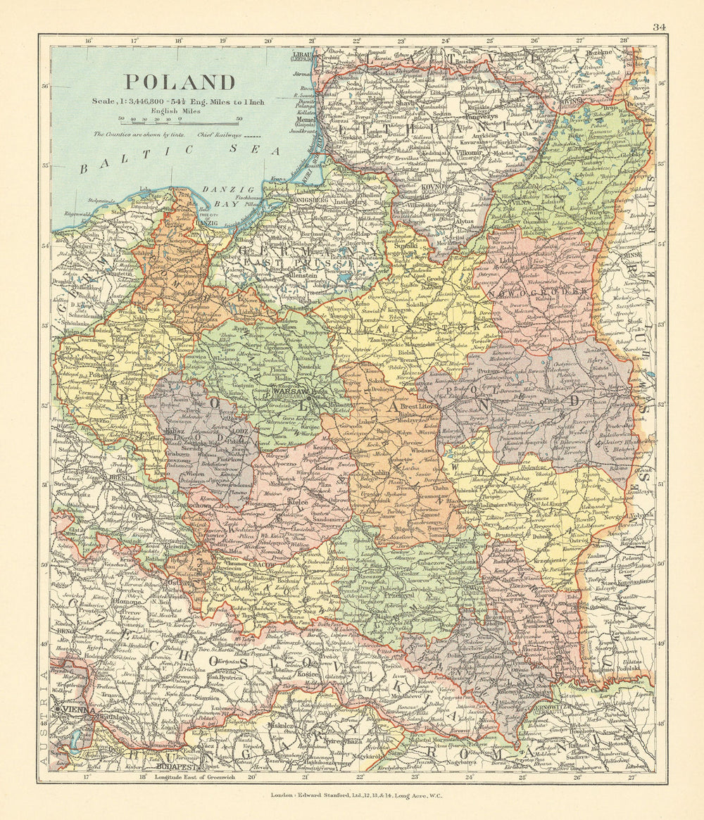 Poland. Free City of Danzig. East Prussia. Lithuania. STANFORD c1925 old map