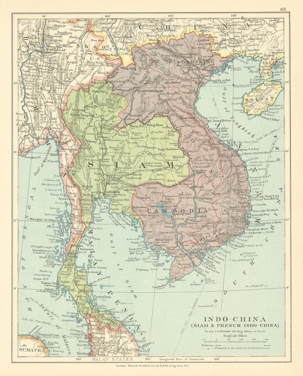 Siam French Indo-China. Vietnam Thailand Burma Cambodia Laos STANFORD c1925 map
