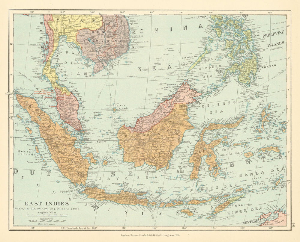 East Indies Indonesia Malaysia Straits Settlements Indochina STANFORD c1925 map