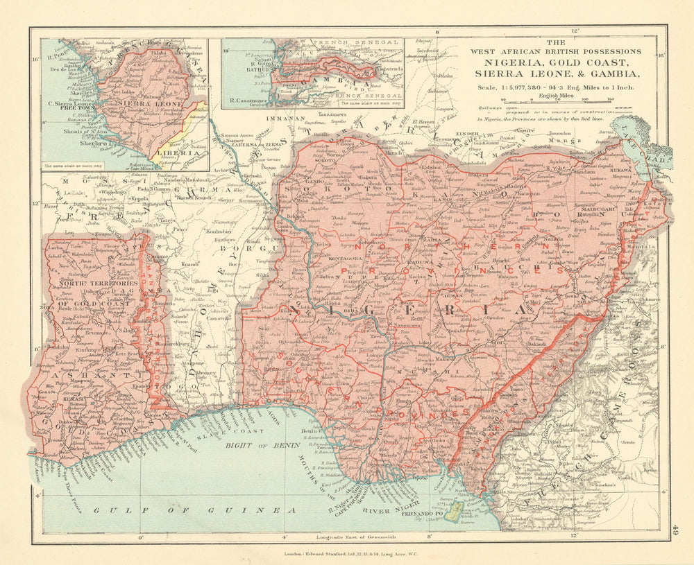 British West Africa. Nigeria Gold Coast Sierra Leone Ghana. STANFORD c1925 map
