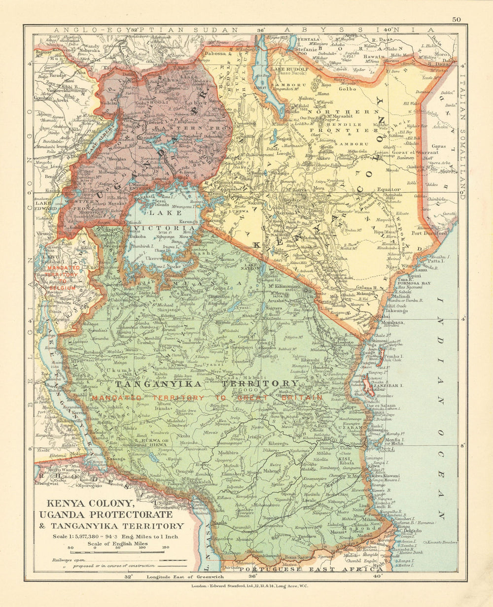 Kenya Colony Uganda Protectorate Tanganyika Terr. Tanzania STANFORD c1925 map