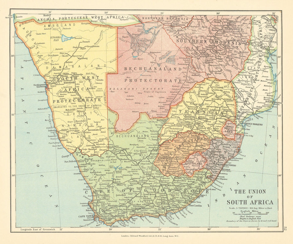 Union of South Africa. Bechuanaland Southern Rhodesia Namibia STANFORD c1925 map
