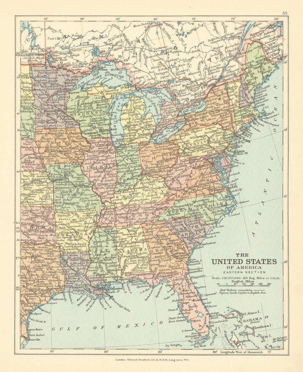 United States of America, Eastern Section. USA. STANFORD c1925 old vintage map
