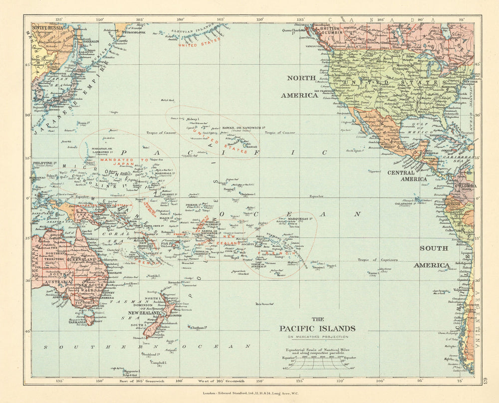 Pacific Islands & Ocean. Micronesia mandated to Japan. STANFORD c1925 old map