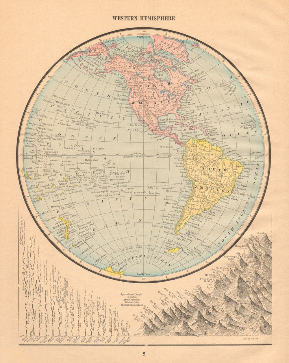 Western Hemisphere. Mountains & Rivers. Americas. CRAM 1894 old antique map