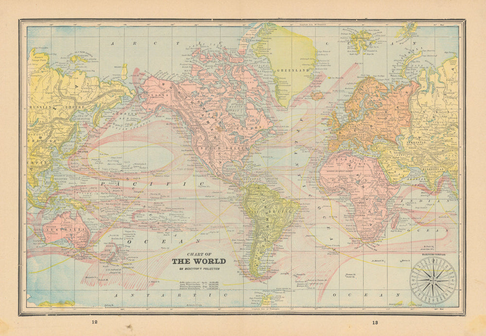 Chart of the World, on Mercator's Projection. Ocean currents. CRAM 1894 map