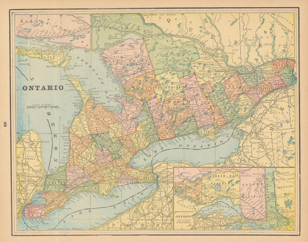 Ontario. Great Lakes. Canada. CRAM 1894 old antique vintage map plan chart