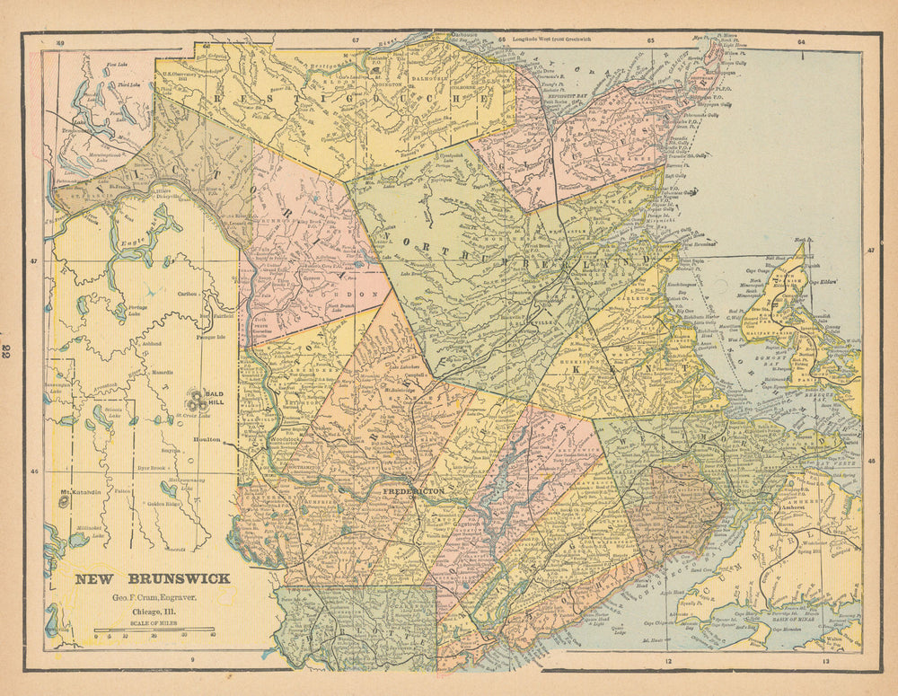 New Brunswick in counties. Canada. CRAM 1894 old antique map plan chart
