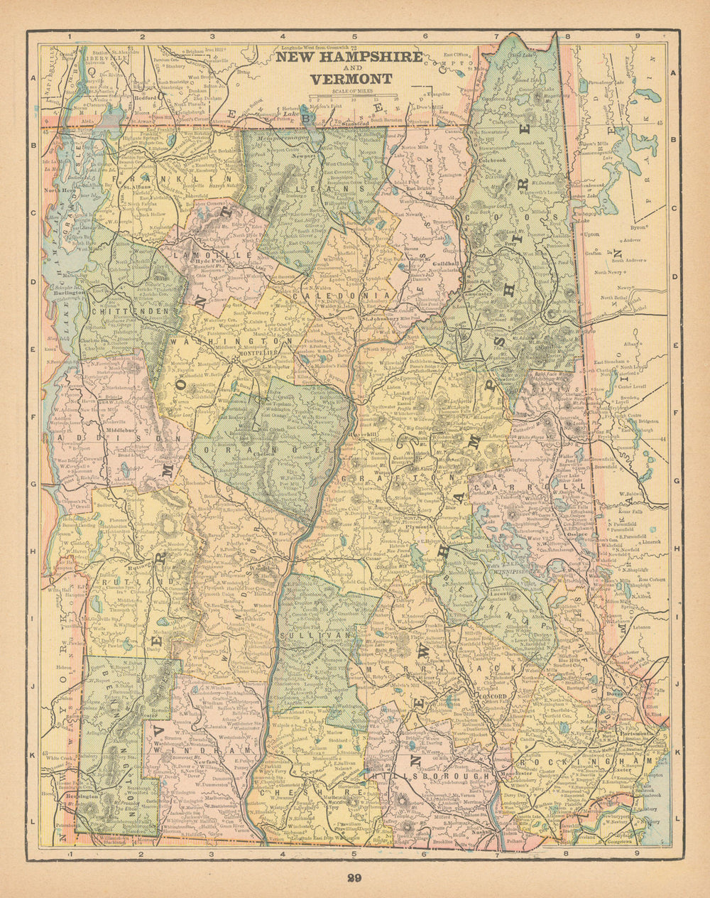 New Hampshire and Vermont state map in counties. CRAM 1894 old antique