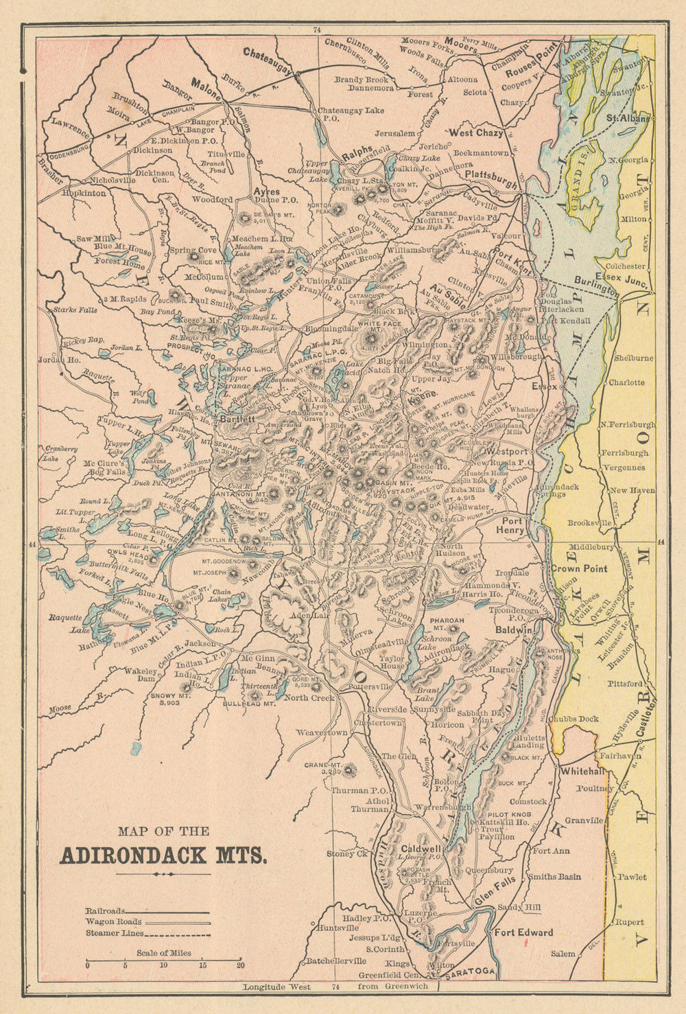 Adirondack Mountains. New York. CRAM 1894 old antique vintage map plan chart