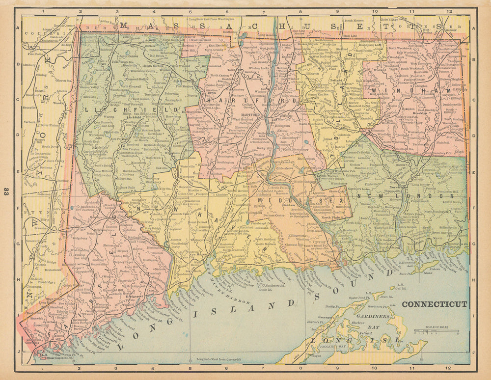 Connecticut state map in counties. CRAM 1894 old antique plan chart