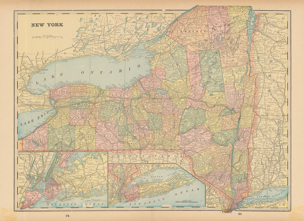 New York state map in counties. CRAM 1894 old antique vintage plan chart