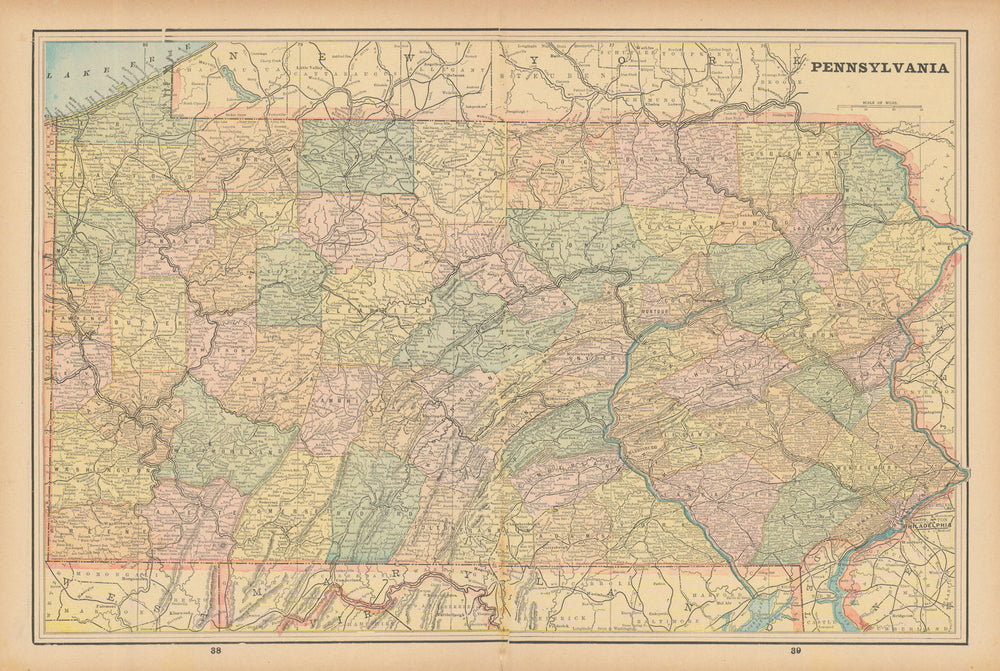 Pennsylvania state map in counties. CRAM 1894 old antique plan chart