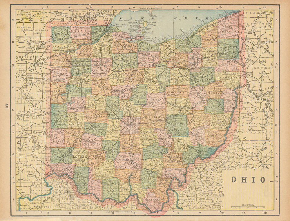 Ohio state map in counties. CRAM 1894 old antique vintage plan chart