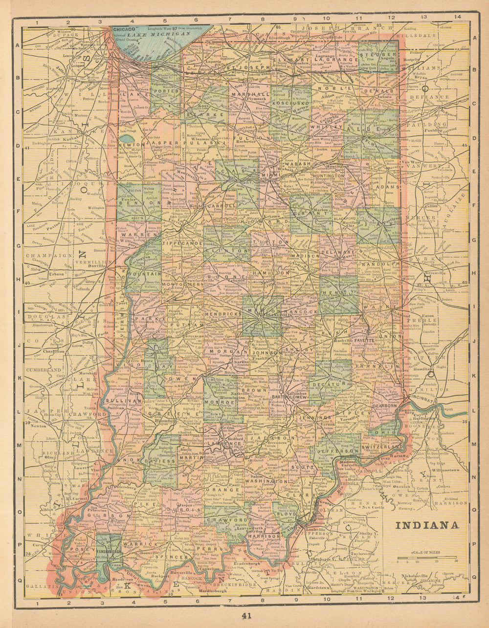 Indiana state map in counties. CRAM 1894 old antique vintage plan chart