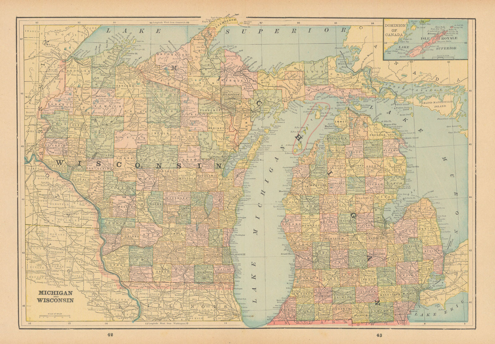 Michigan and Wisconsin state map in counties. CRAM 1894 old antique ...