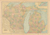 Michigan and Wisconsin state map in counties. CRAM 1894 old antique chart