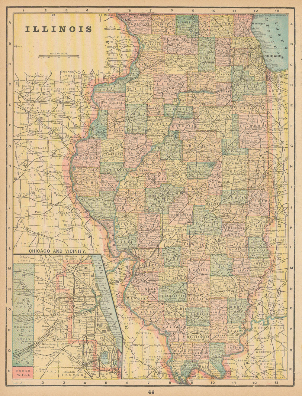 Illinois state map in counties. CRAM 1894 old antique vintage plan chart