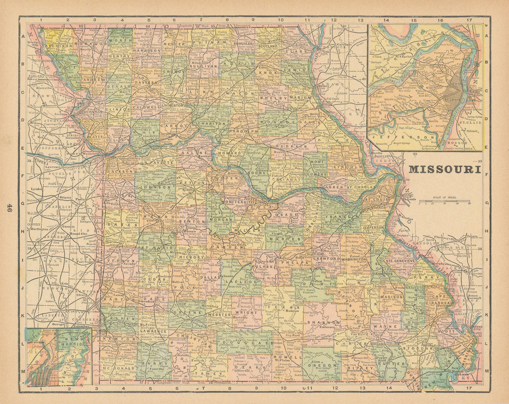 Missouri state map in counties. CRAM 1894 old antique vintage plan chart