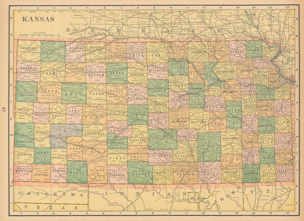 Kansas state map in counties. CRAM 1894 old antique vintage plan chart