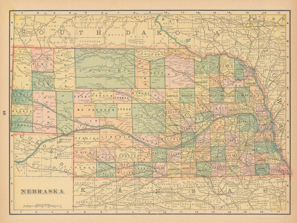 Nebraska state map in counties. CRAM 1894 old antique vintage plan chart