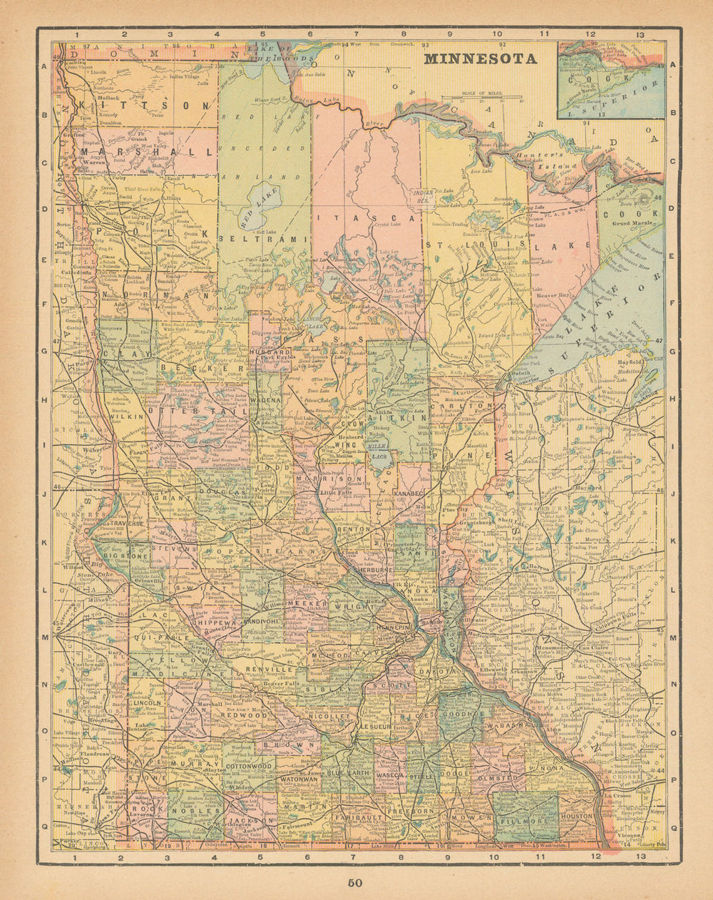Minnesota state map in counties. CRAM 1894 old antique vintage plan chart
