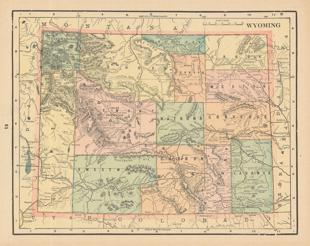 Wyoming state map in counties. CRAM 1894 old antique vintage plan chart