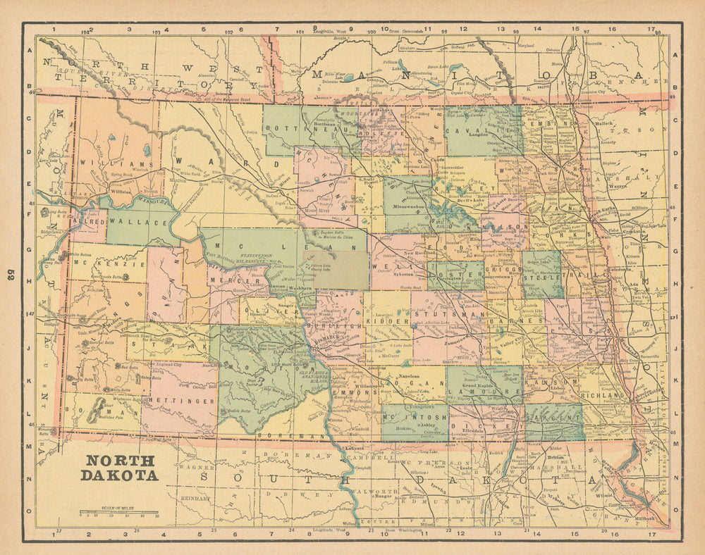North Dakota state map in counties. CRAM 1894 old antique plan chart