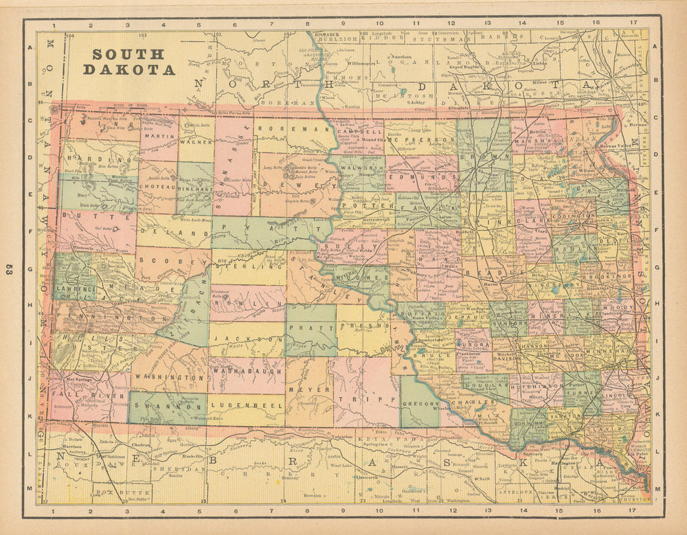 South Dakota state map in counties. CRAM 1894 old antique plan chart