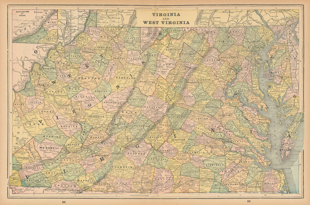 Virginia and West Virginia state map in counties. CRAM 1894 old antique