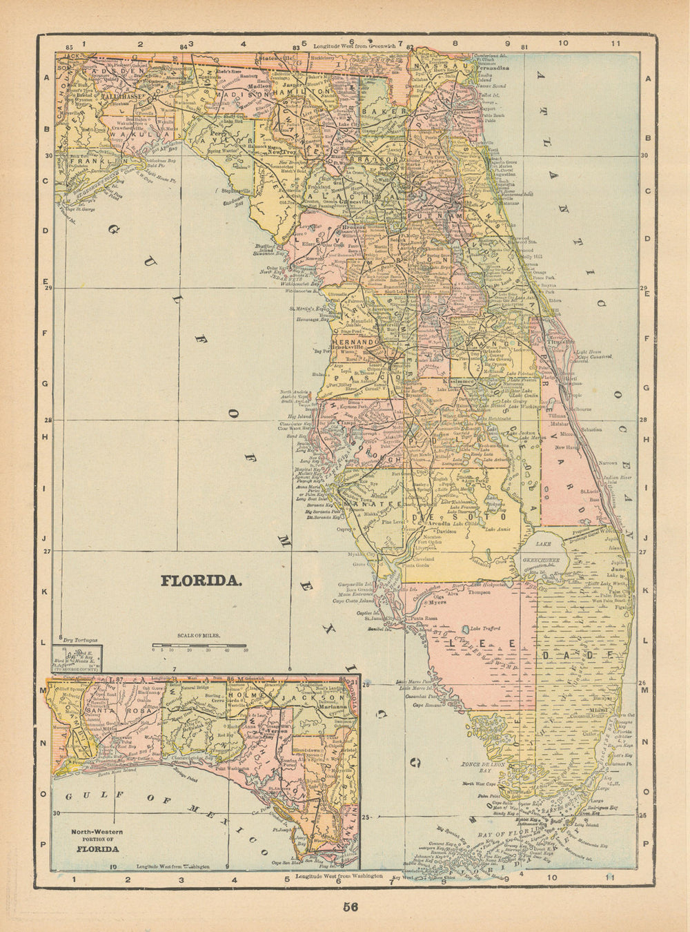 Florida state map in counties. CRAM 1894 old antique vintage plan chart