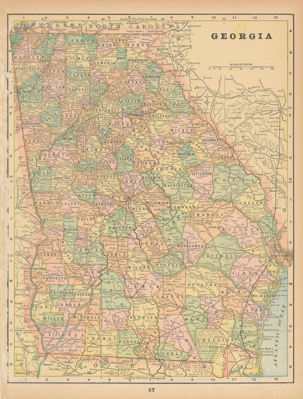 Georgia state map in counties. CRAM 1894 old antique vintage plan chart