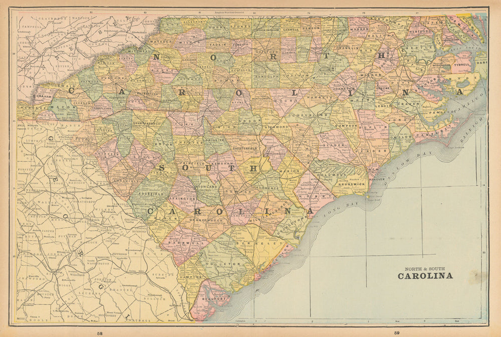 North & South Carolina state map in counties. CRAM 1894 old antique chart