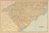North & South Carolina state map in counties. CRAM 1894 old antique chart