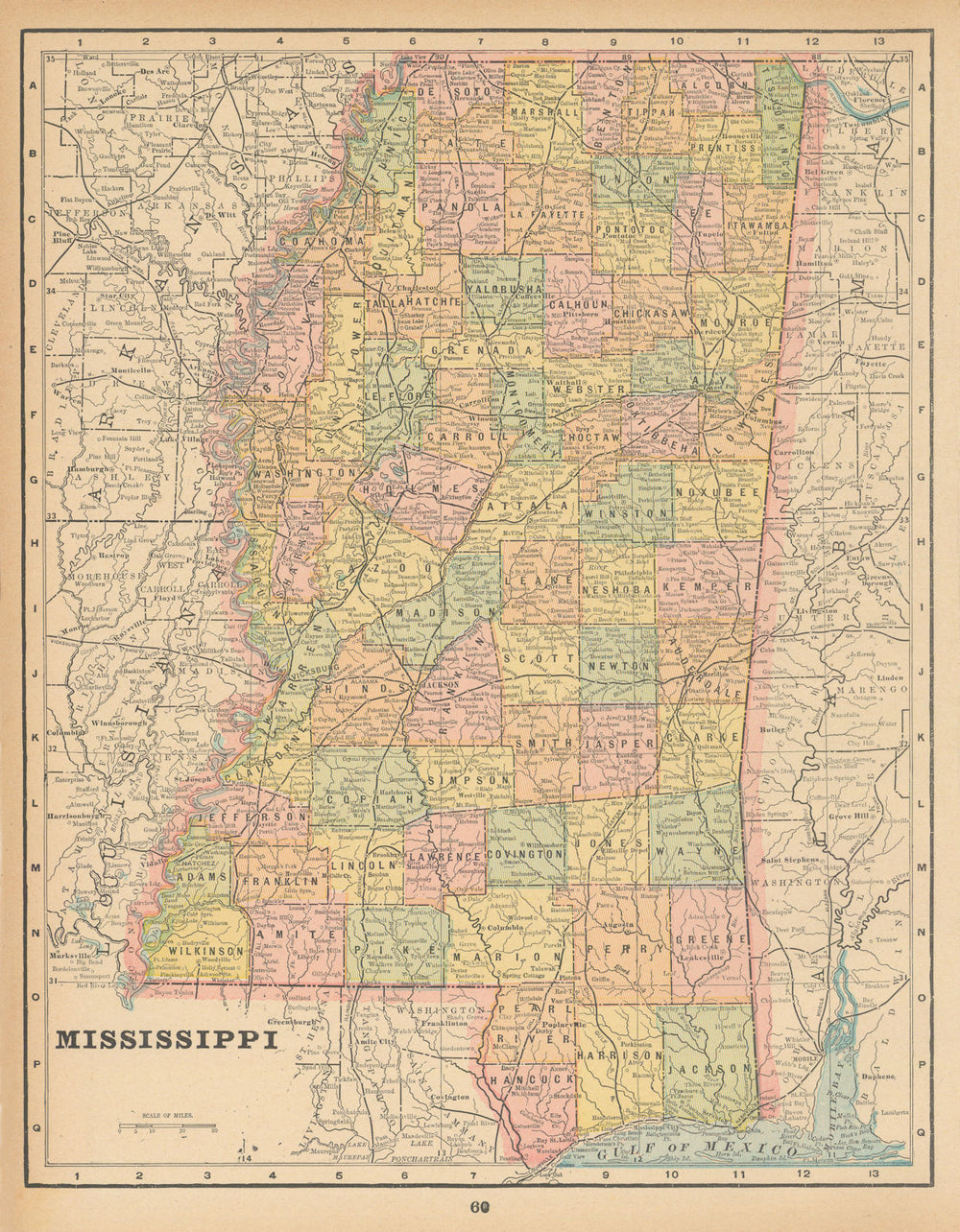 Mississippi state map in counties. CRAM 1894 old antique plan chart